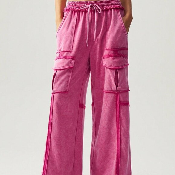 Hot Pink Casual Women's Vacation Knit Pocket Wide Leg Pants - Picture 3 of 7